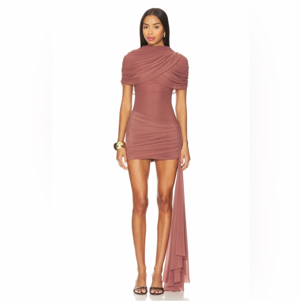 Deme By Gabriella -Revolve Hazel Mocha Mesh Draped Side Sash Cocktail Mini Dress